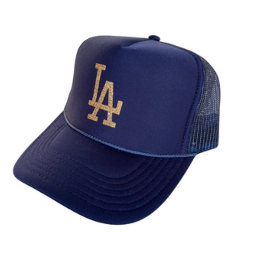 LA Navy & Gold Glitter Logo Trucker Hat Snap Back NWT - Mesh Back